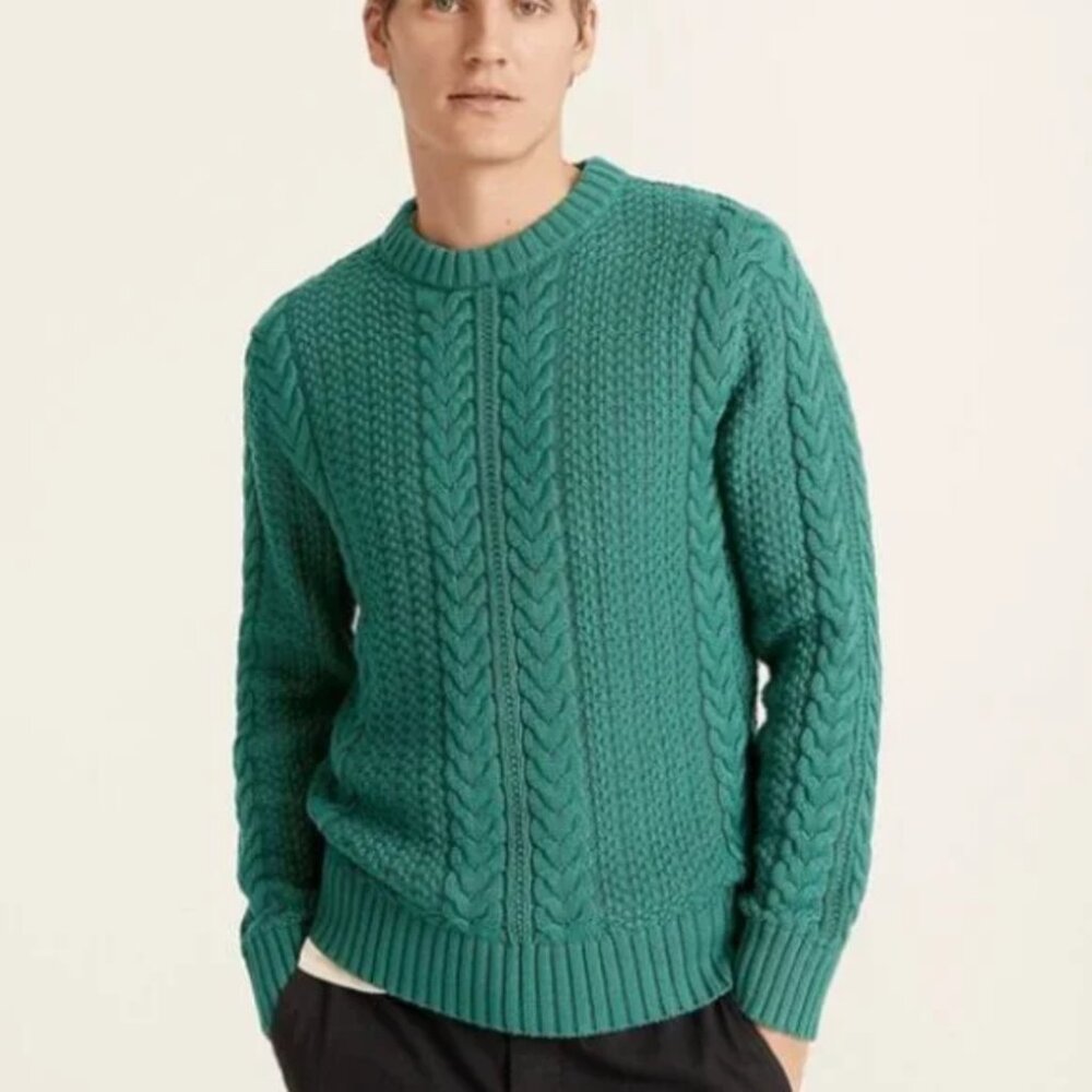 J. Crew Green Cotton Cable-Knit Crewneck Sweater Pullover Warm Comfy Size S
